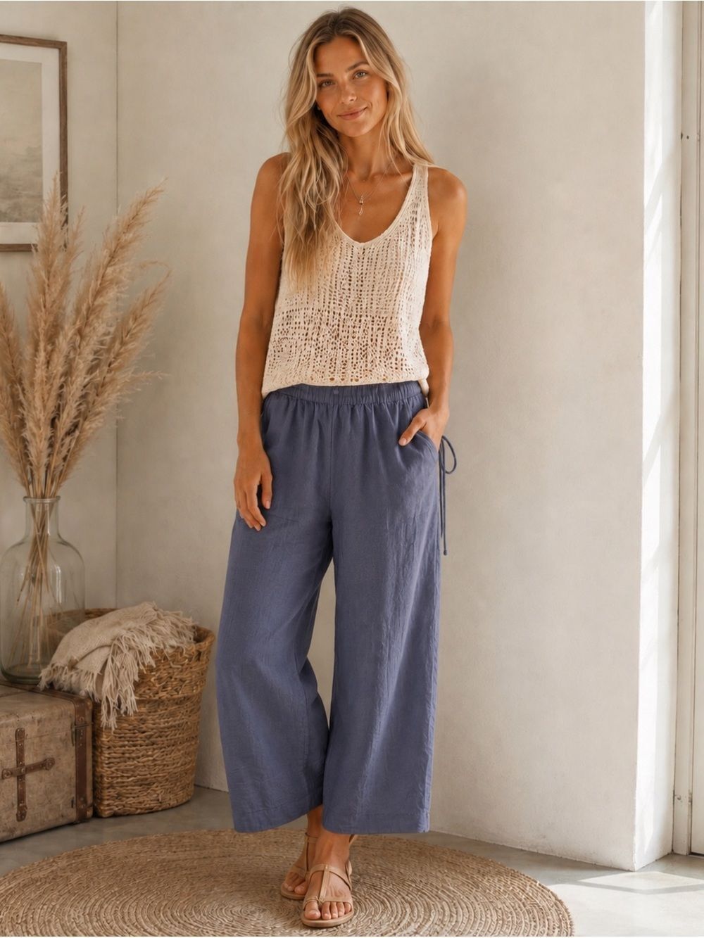 Zara Relaxed Wide-Leg a Pants in Slate Blue with Cute Side Tie